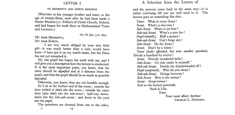Letter Charles Dodgson to Henrietta and Edwin Dodgson, 31st Jan 1855, in Evelyn M. Hatch (ed. intr. and notes), A Selection from the Letters of Lewis Carroll, London: Macmillan, 1933, pp. 17-18